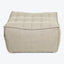 Neutral beige tufted fabric-upholstered ottoman with textured weave for sale.