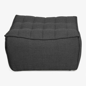 Neutral beige tufted fabric-upholstered ottoman with textured weave for sale. - hover