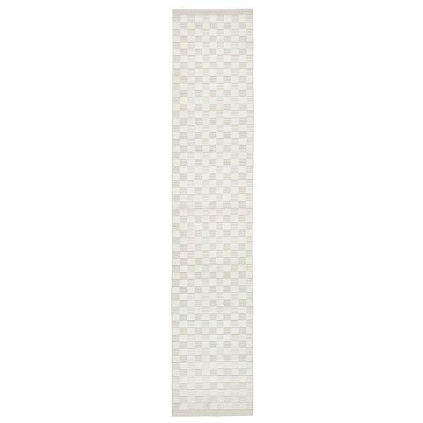 Long, narrow rug with a versatile geometric pattern in neutral colors.