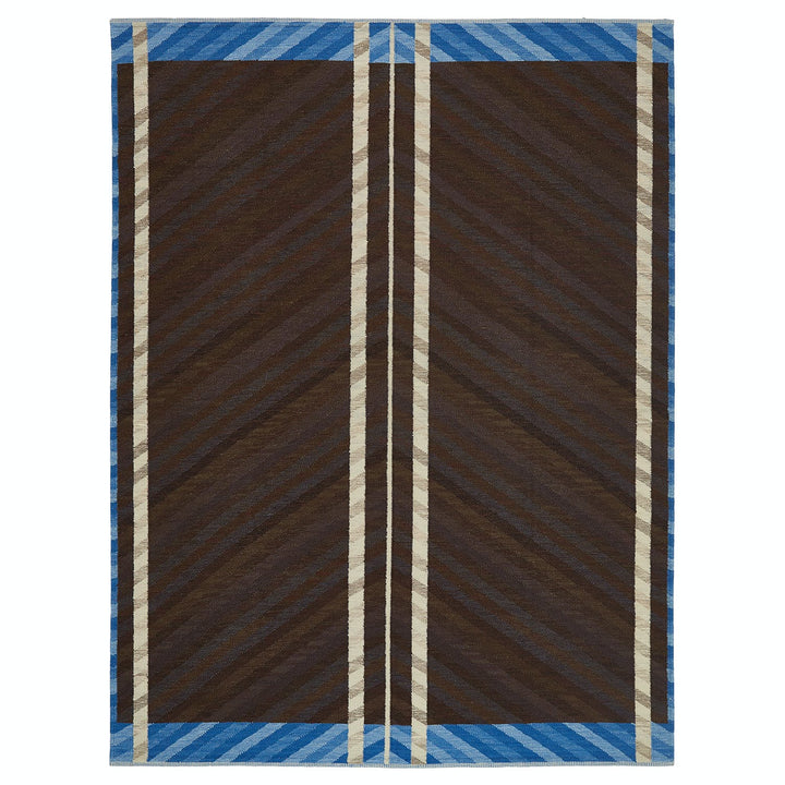 Rectangular rug features dark brown herringbone pattern with contrasting stripes