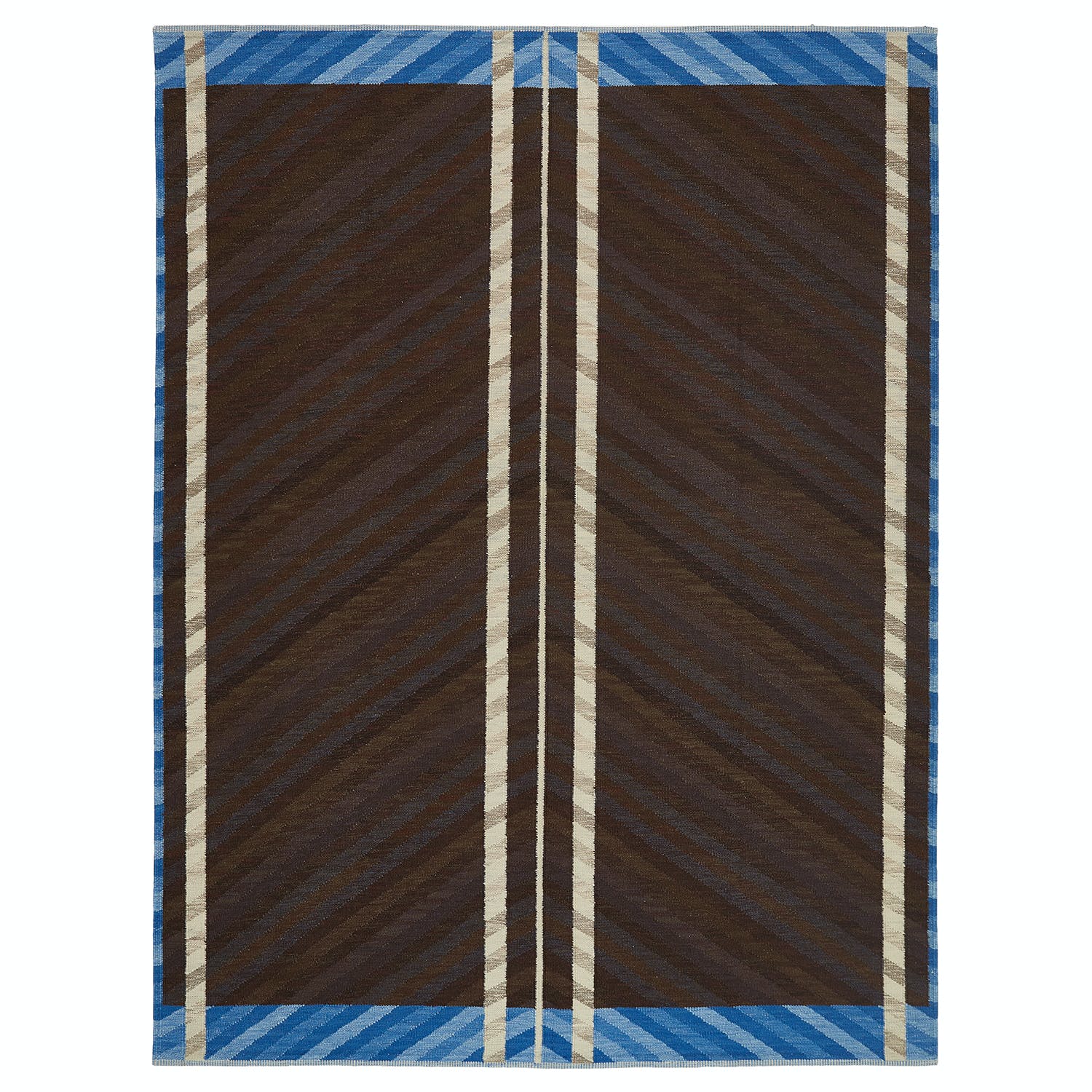 Rectangular rug features dark brown herringbone pattern with contrasting stripes