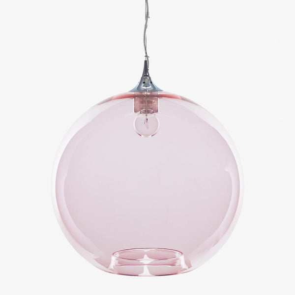 A pink glass Christmas ornament with a silver cap and wire.