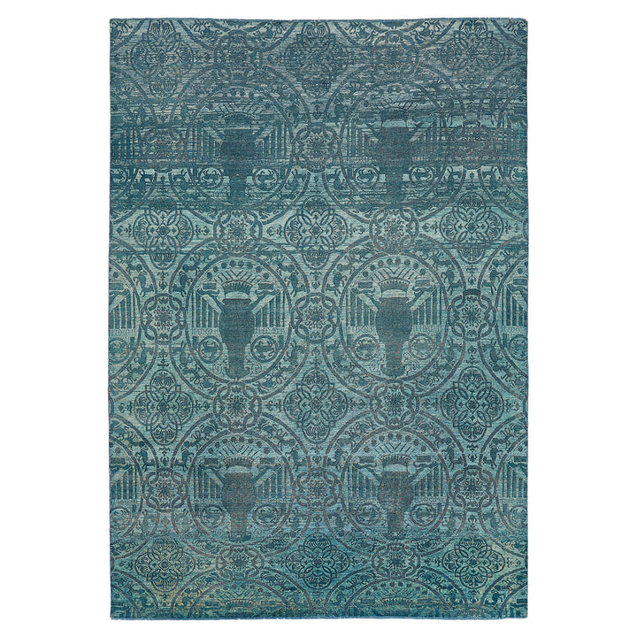 Intricate vintage rug with circular motifs creates a balanced design.