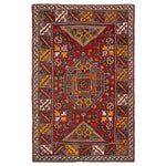 Exquisite hand-woven rug with intricate geometric patterns in rich colors.