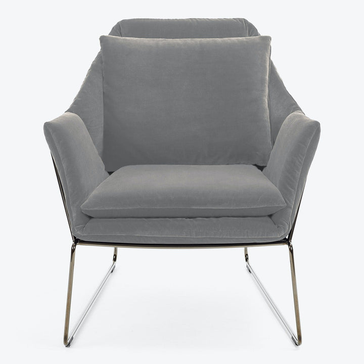 Sleek, modern armchair with gray fabric upholstery and minimalist metal frame.