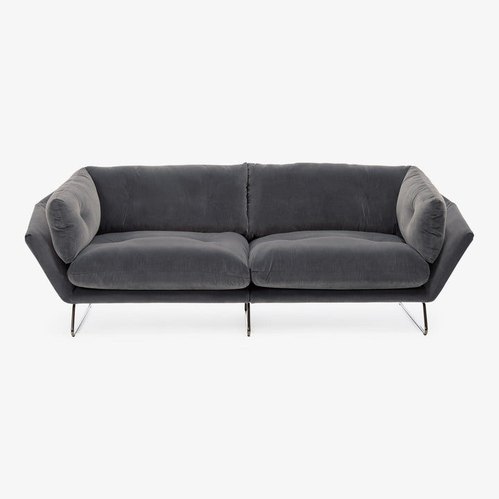 Modern dark grey fabric sofa with clean lines and sleek silhouette.