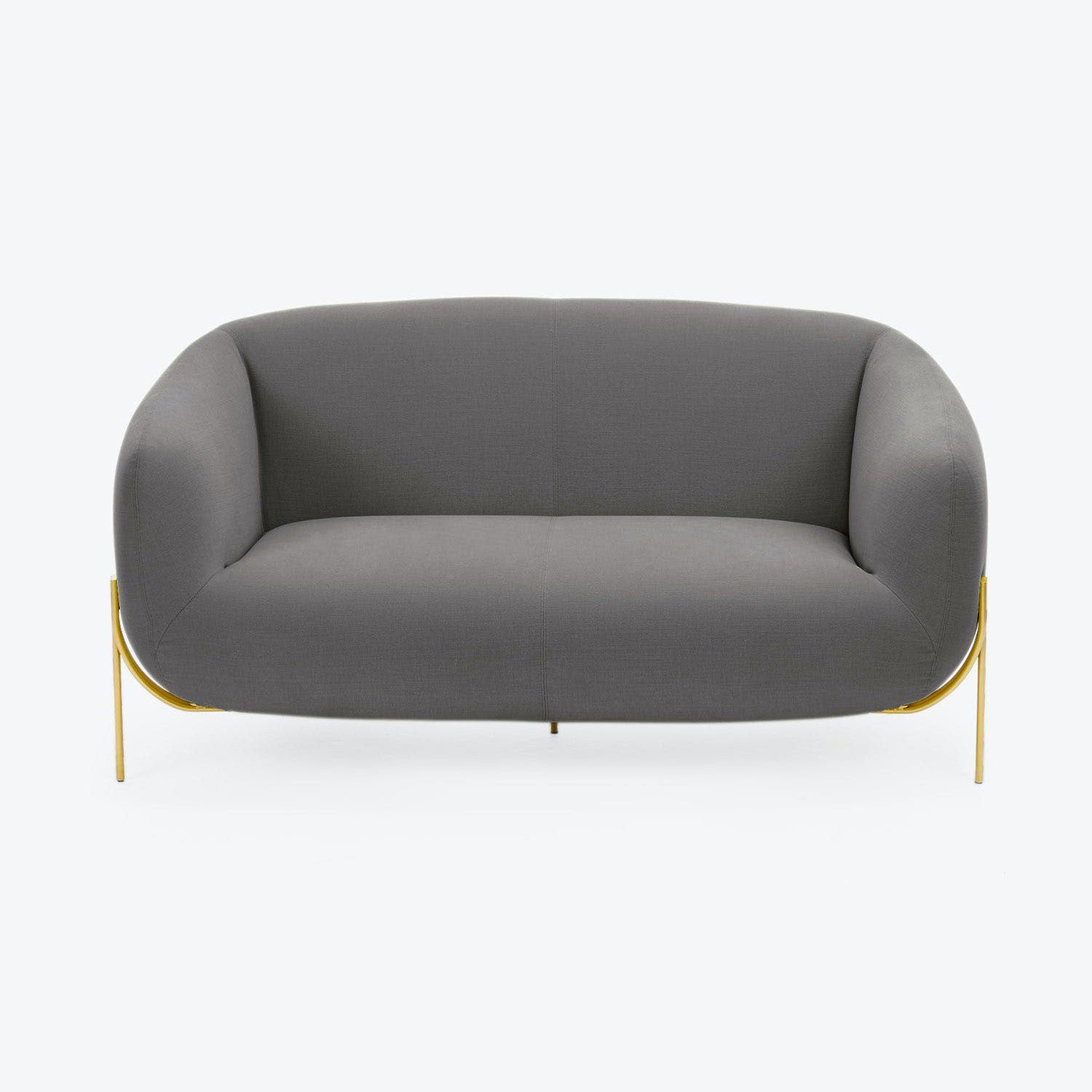 Modern grey sofa with curved backrest and elegant gold legs.