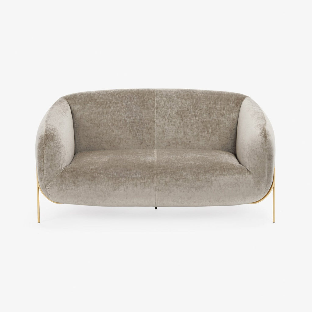 Modern, sleek grey sofa with plush upholstery and golden legs.