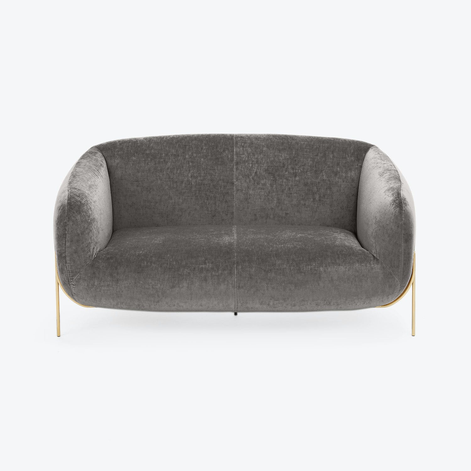 Modern gray sofa with sleek design and elegant golden legs.