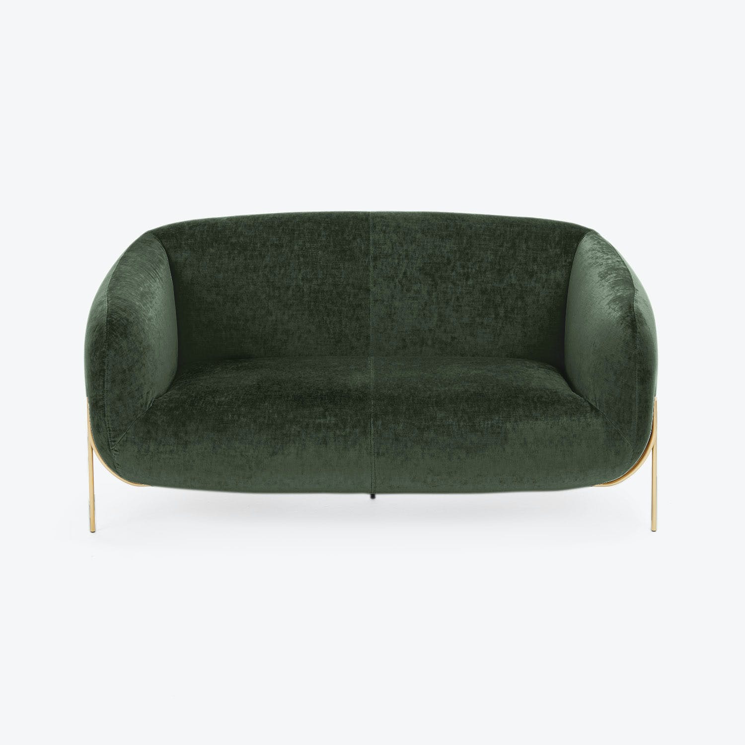 Modern sofa with curved backrest and dark green velvet upholstery.