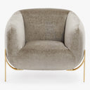 Contemporary, curved chair with textured upholstery and elegant metallic legs.