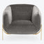 Contemporary gray armchair with curved design and metallic gold legs.
