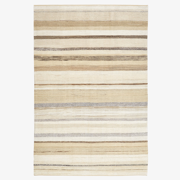Rectangular area rug with horizontal striped pattern in neutral colors.