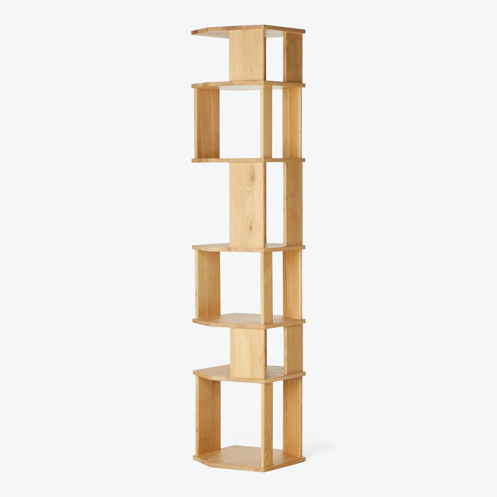 Modern, minimalist wooden shelving unit with asymmetric design and natural finish.