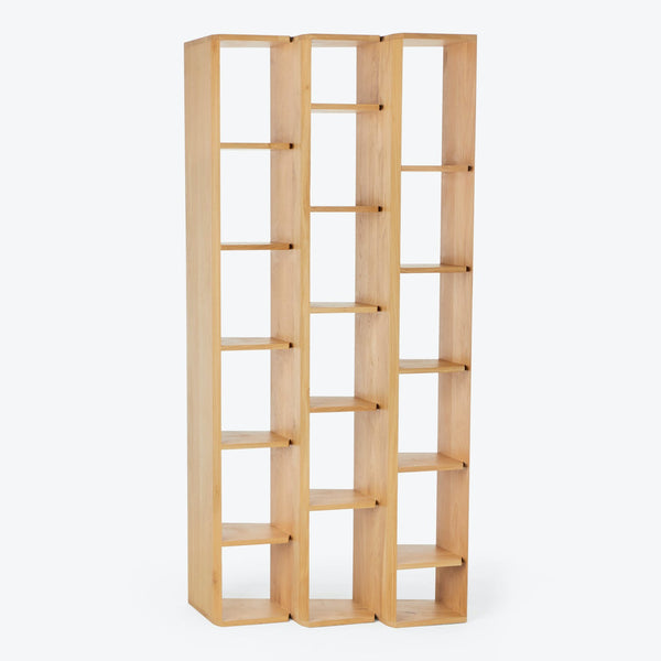 Minimalist wooden bookshelf with grid-like compartments, ready for customization.