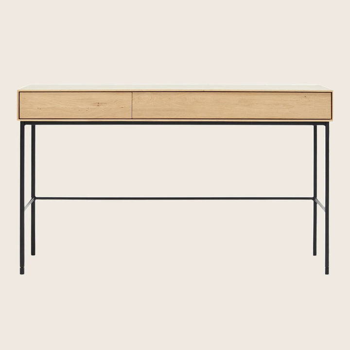 Modern console table with minimalist design and contrasting wood-metal materials.