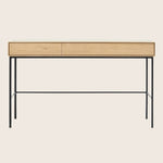 Modern console table with minimalist design and contrasting wood-metal materials.