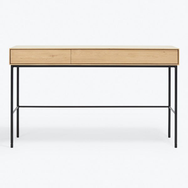 Modern console table with minimalist design and contrasting wood-metal materials.