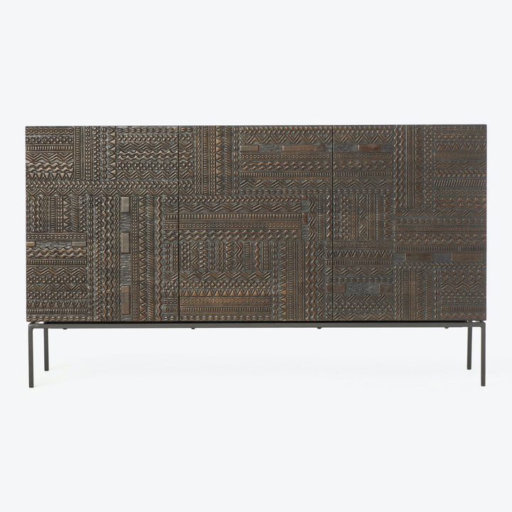 Stylish and intricate sideboard with geometric patterns on sleek metal frame.