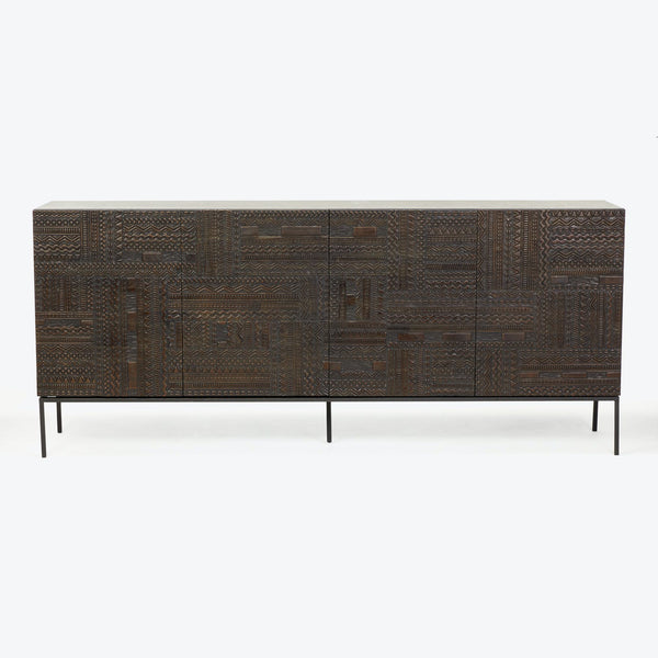 Dark finished credenza with intricate geometric patterns and metal legs.