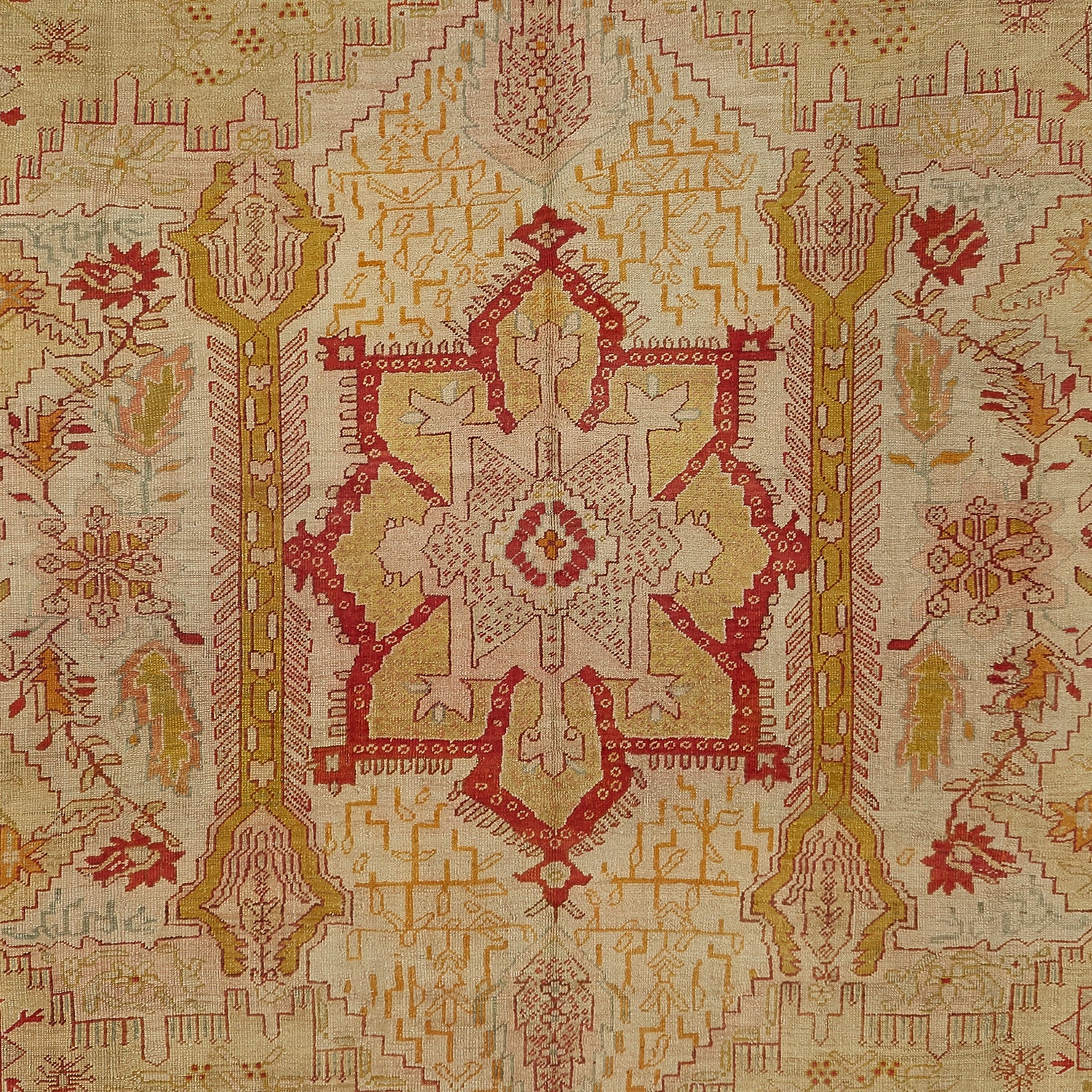 Intricate symmetrical rug with a central eight-pointed star medallion.