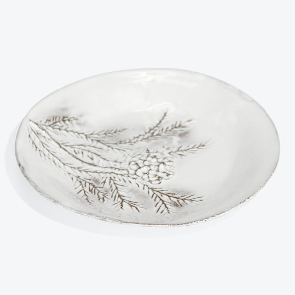 Clear glass plate with engraved pine branch design and texture