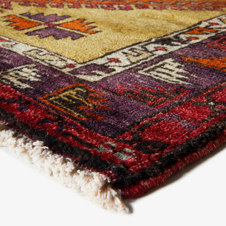 Close-up of a richly colored, patterned rug with intricate details.