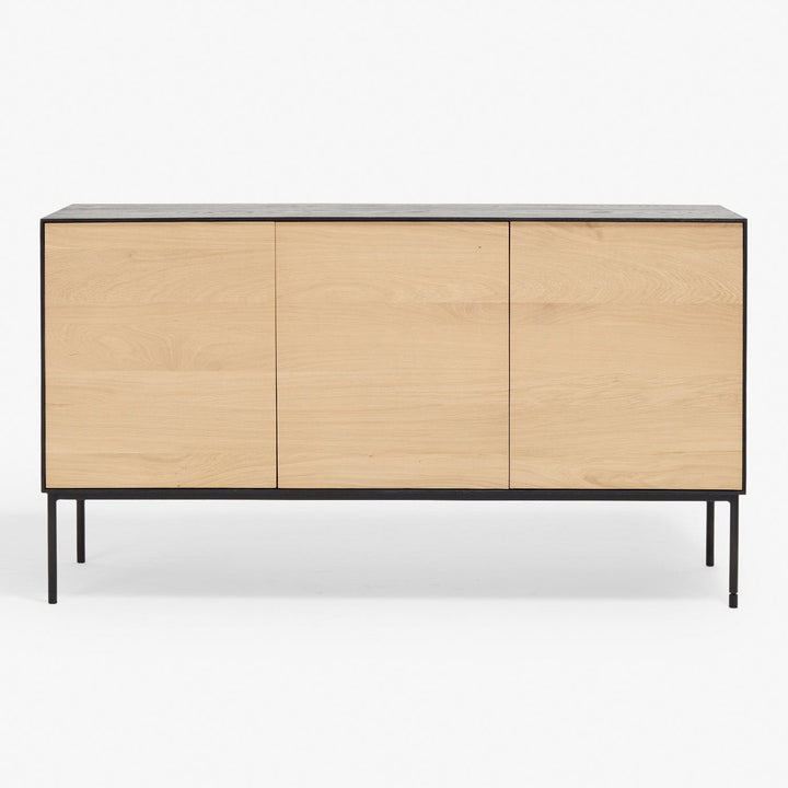 Minimalist sideboard with light wood finish and sleek black frame.