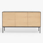 Minimalist sideboard with light wood finish and sleek black frame.