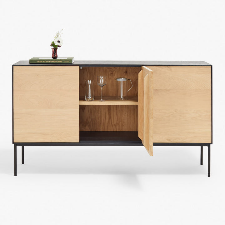 Minimalist wooden sideboard with metal legs and glass display.