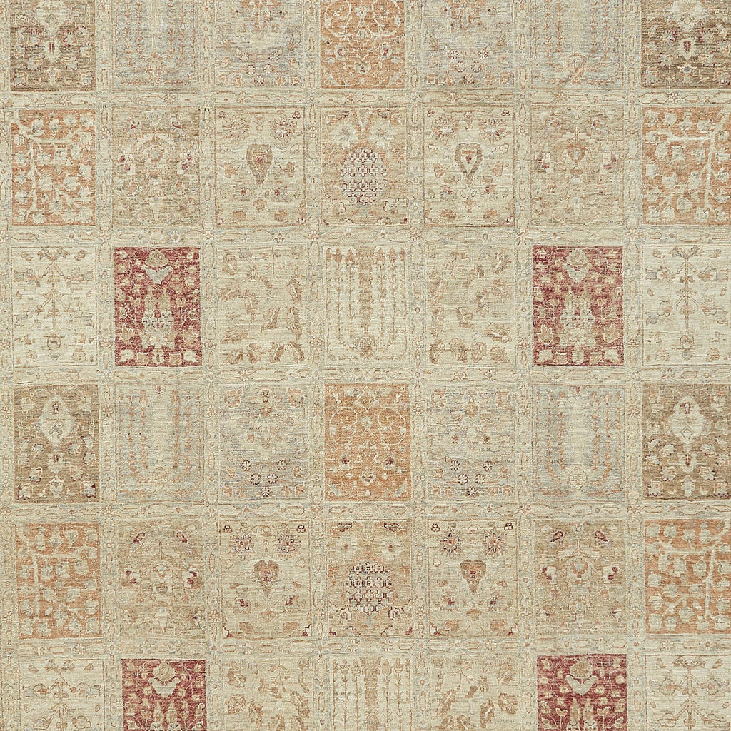 Detailed photograph of a vintage rug with varying motifs and muted colors.