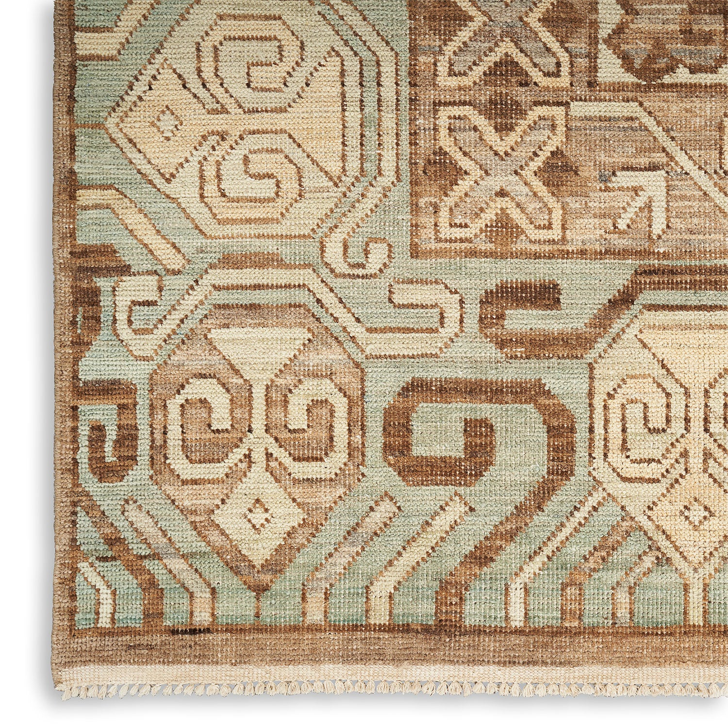 Exquisite hand-woven textile showcases intricate geometric patterns in earthy tones.
