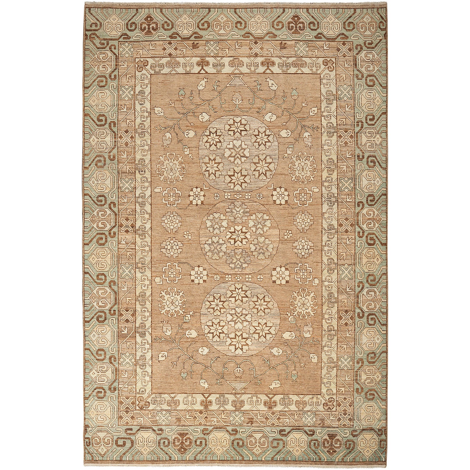 An intricately designed traditional rug with symmetrical medallion patterns.
