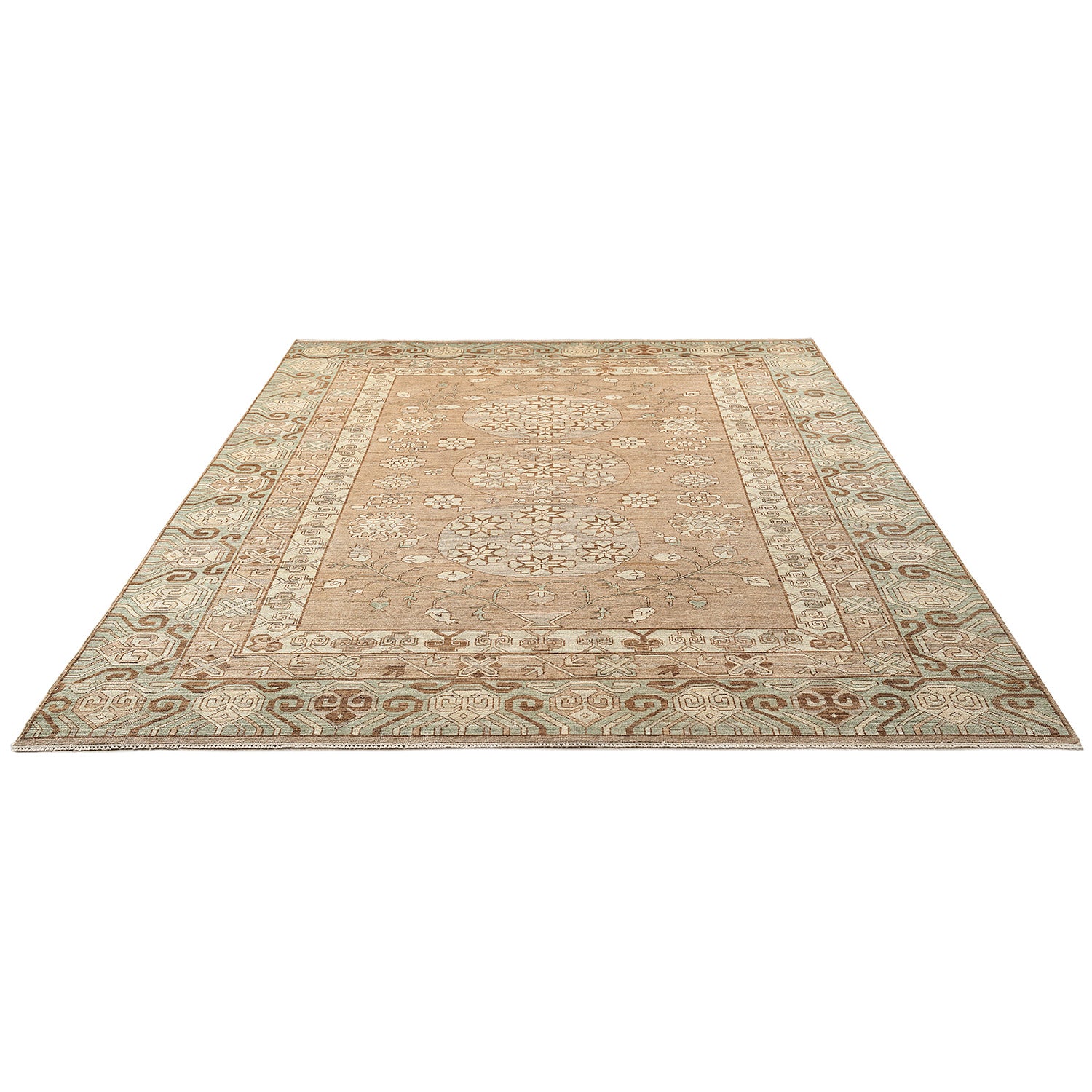 Exquisite Persian-style rug with intricate floral motifs in muted tones.