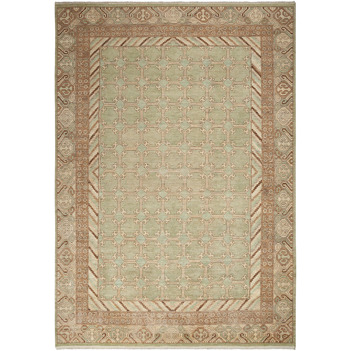 Traditional rectangular rug with ornamental design in muted green.