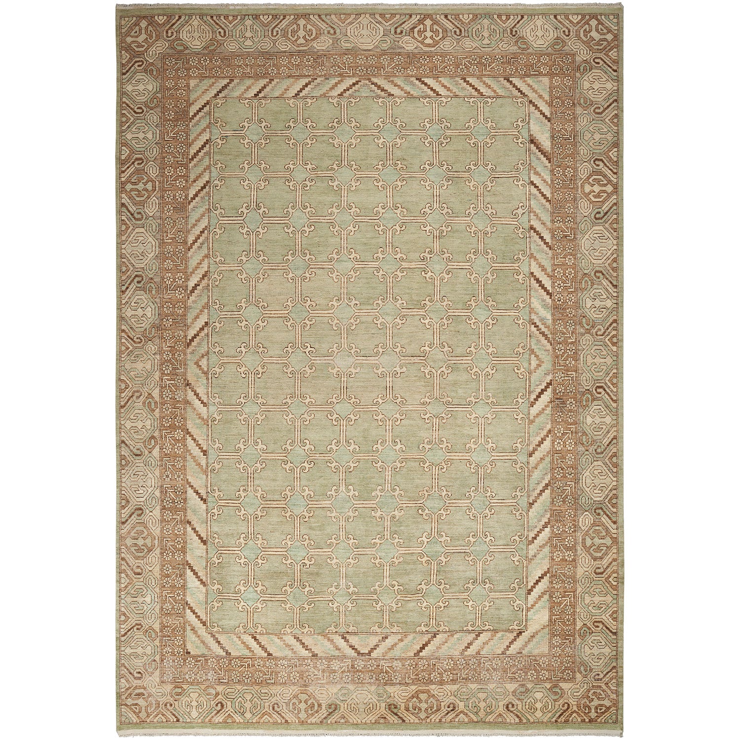 Traditional rectangular rug with ornamental design in muted green.