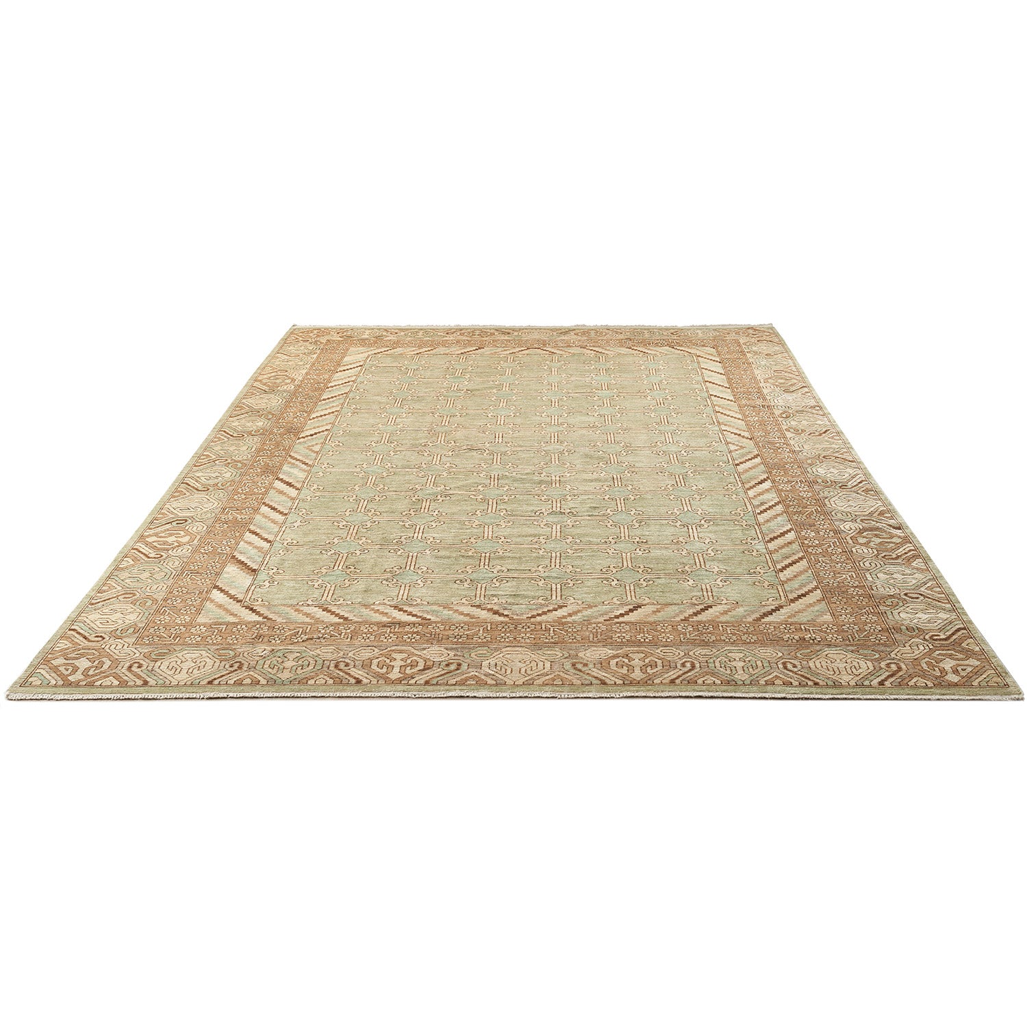 Exquisite hand-crafted rectangular rug with elegant green geometric pattern