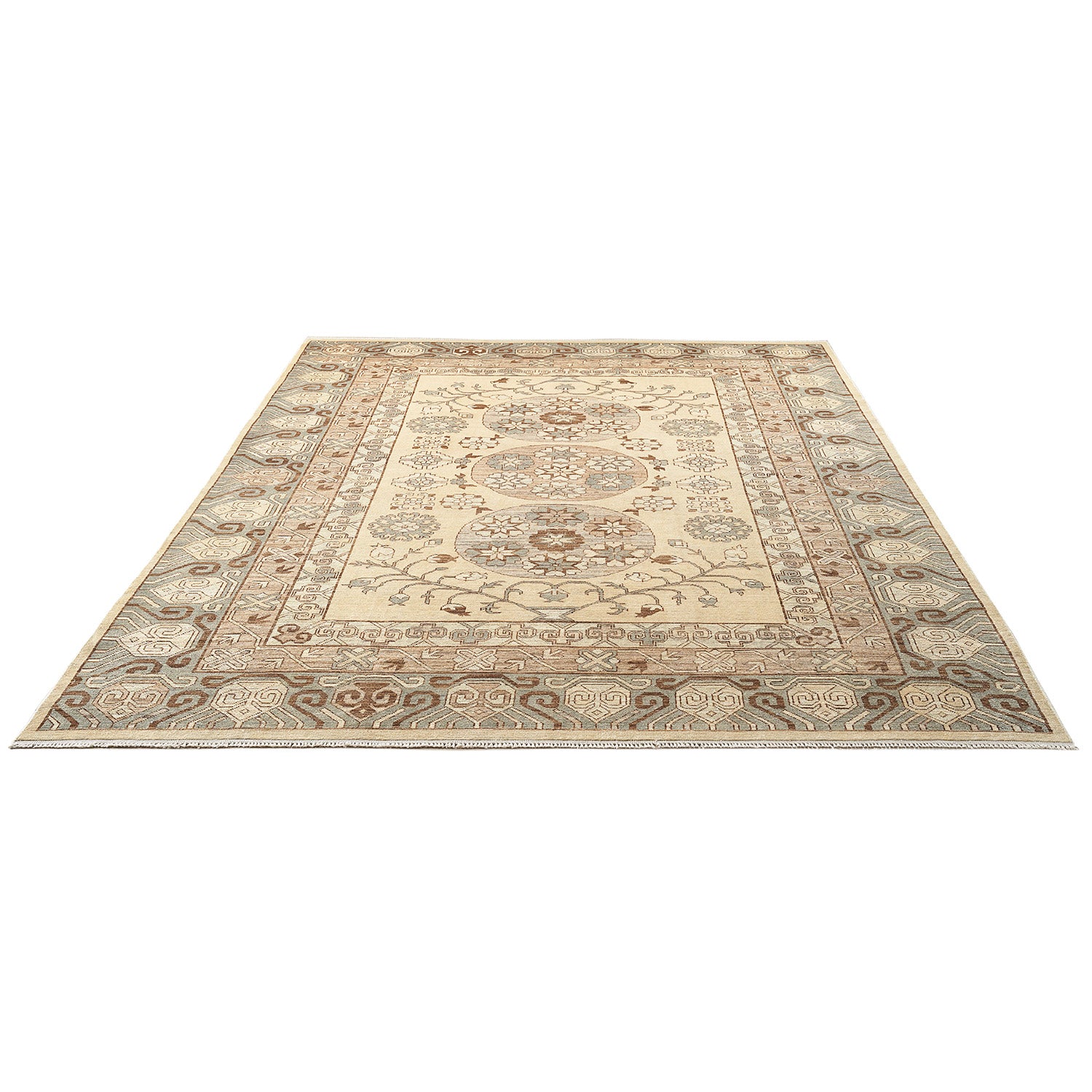 Exquisite rectangular area rug with symmetrical floral and geometric design.