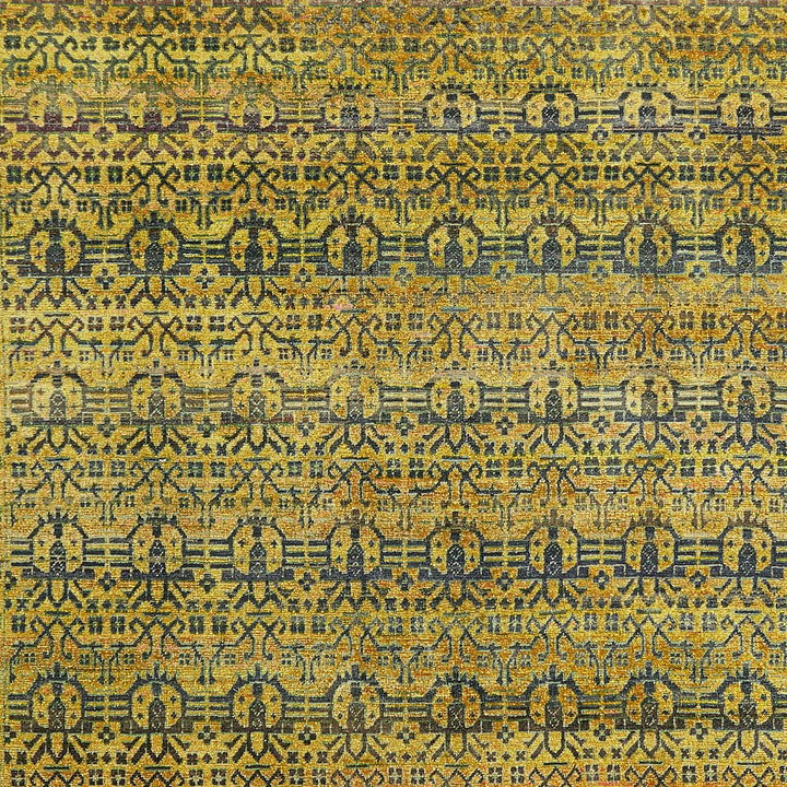 Symmetric and repetitive textile design with geometric shapes and motifs.