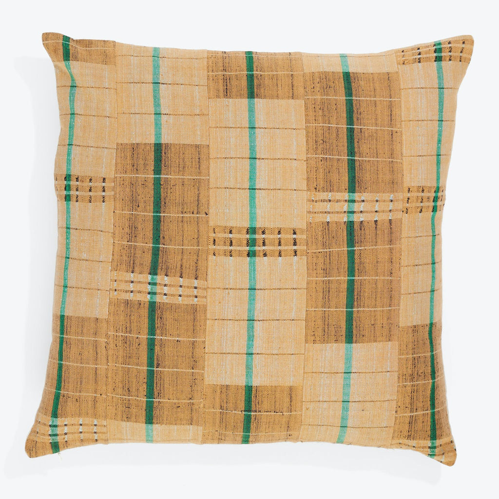 Cozy and rustic rectangular pillow with beige plaid pattern.