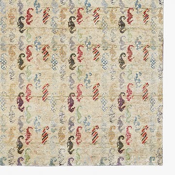 Vintage-inspired fabric or wallpaper with a whimsical seahorse pattern.