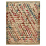 Elaborately patterned vintage rug with diamond motif and intricate details.