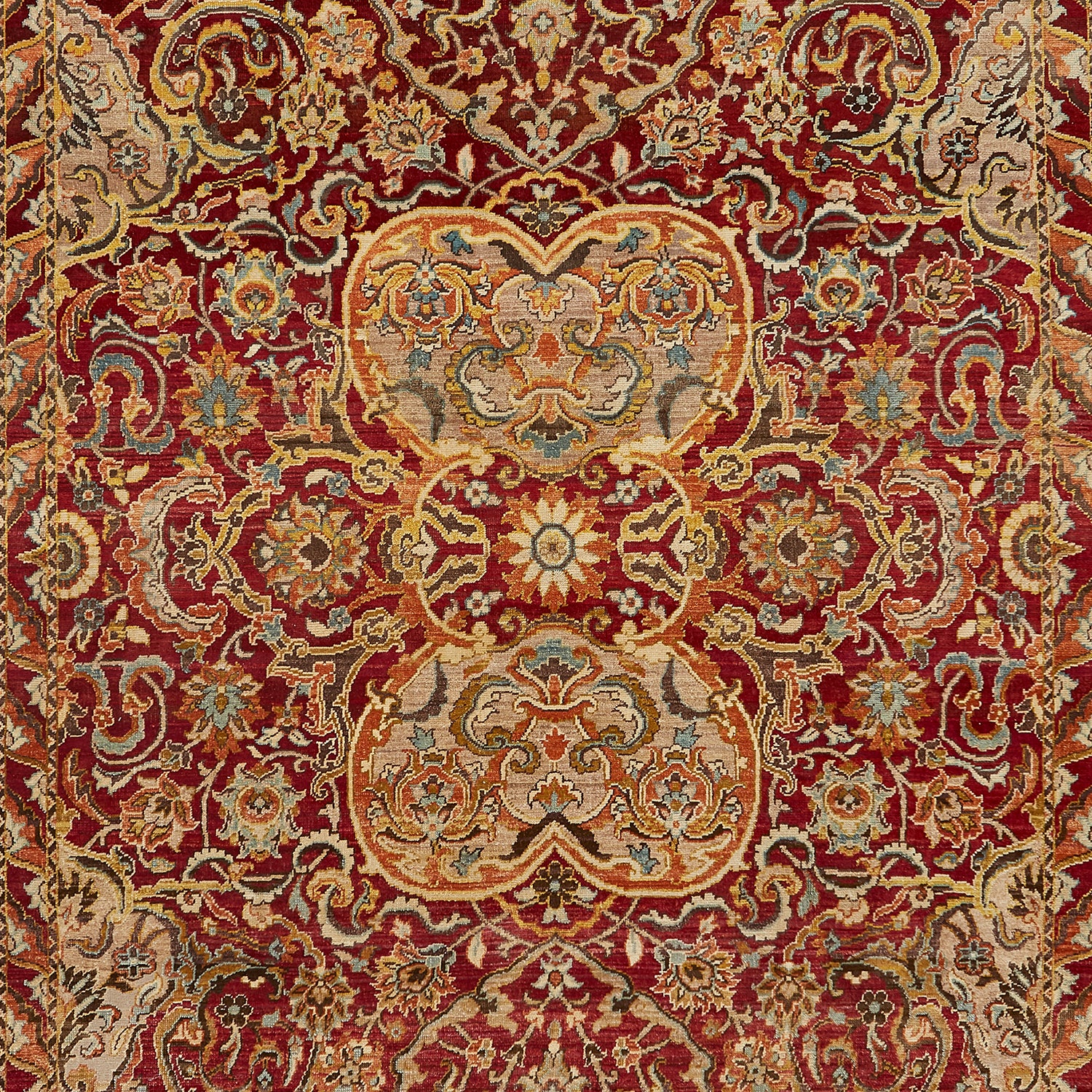 Exquisite Persian-inspired rug showcases intricate floral and geometric patterns.