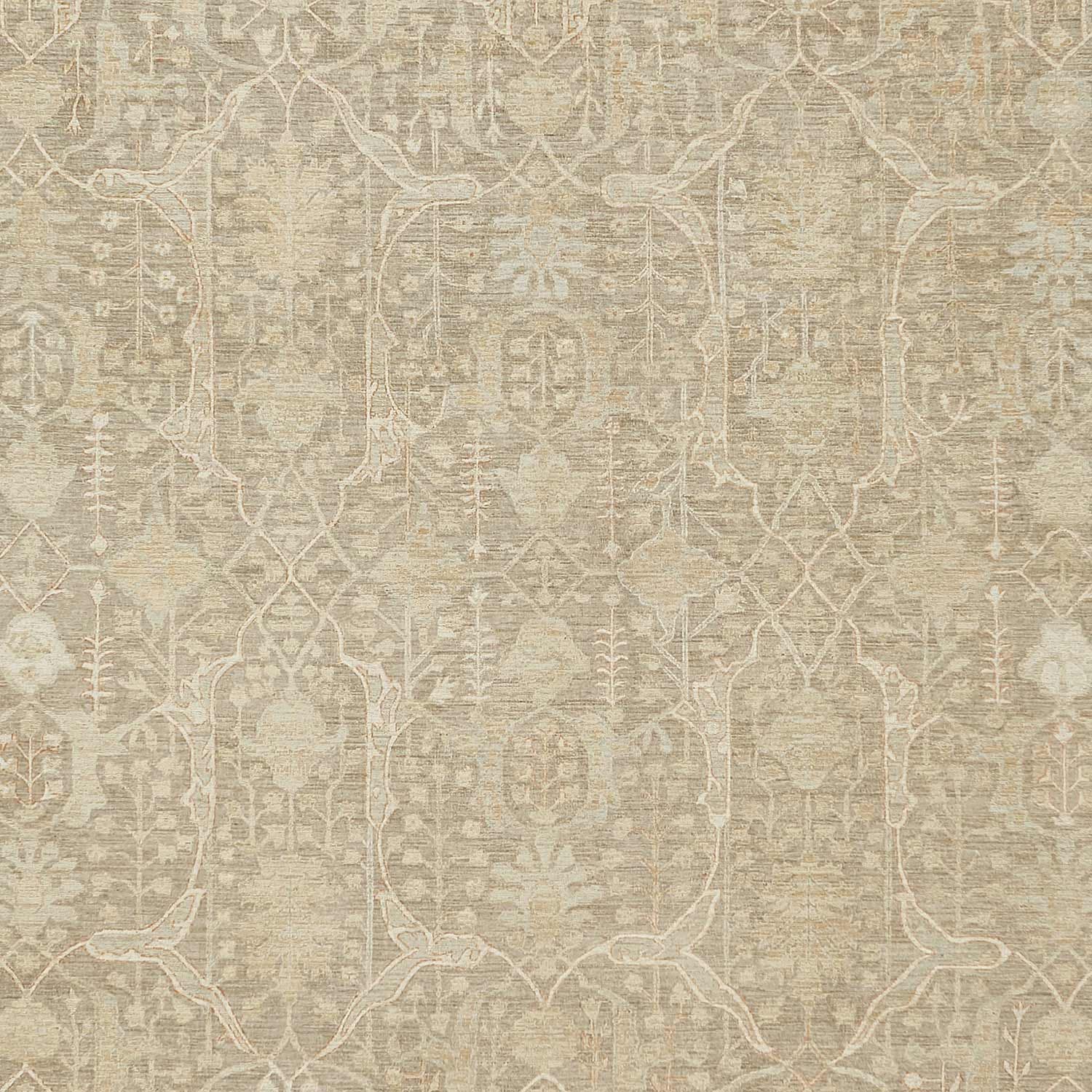 Intricate symmetrical patterned fabric in neutral tones for home decor.