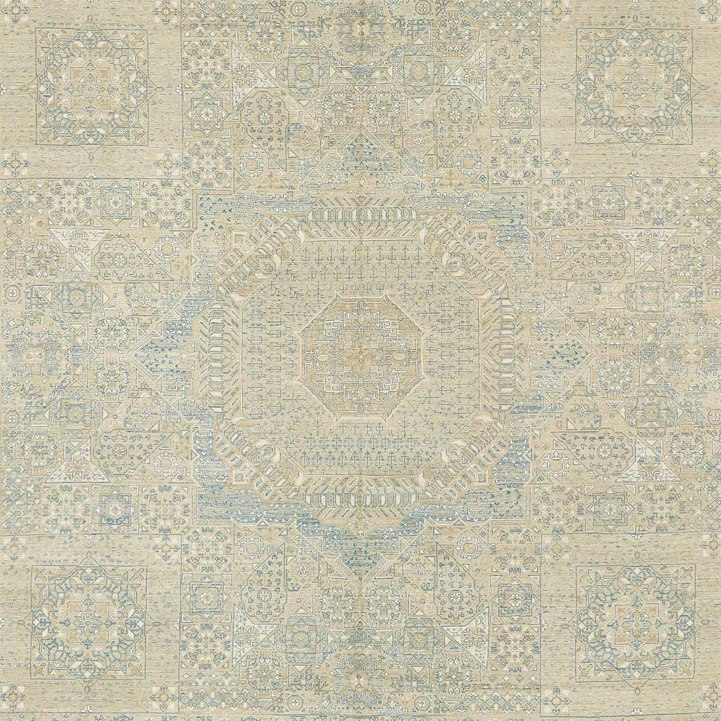 Symmetrical and intricate geometric pattern with vintage muted color palette.