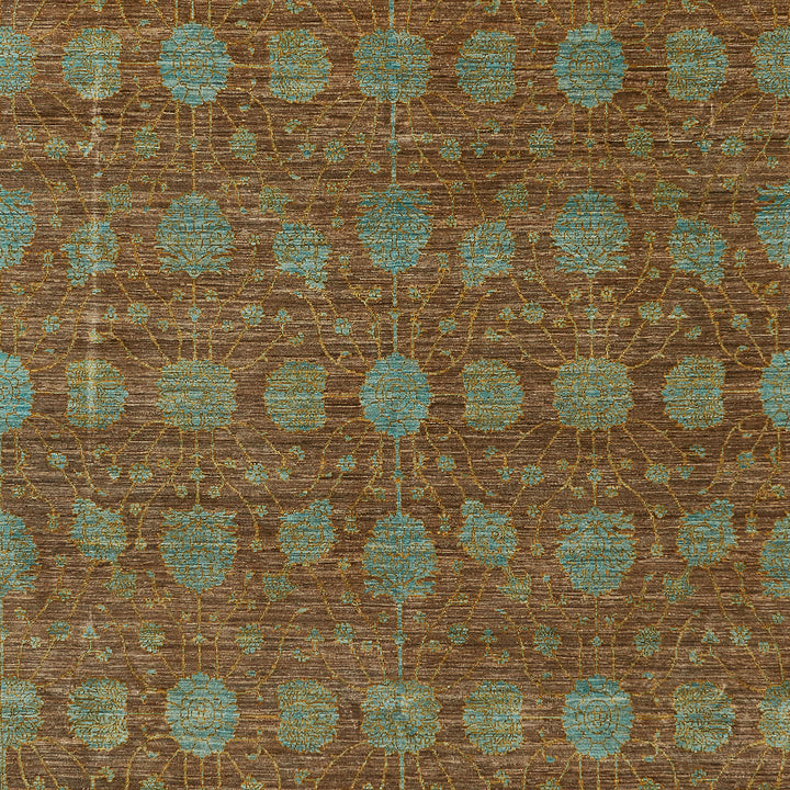 Repetitive teal and bronze floral pattern for sophisticated interior decor.