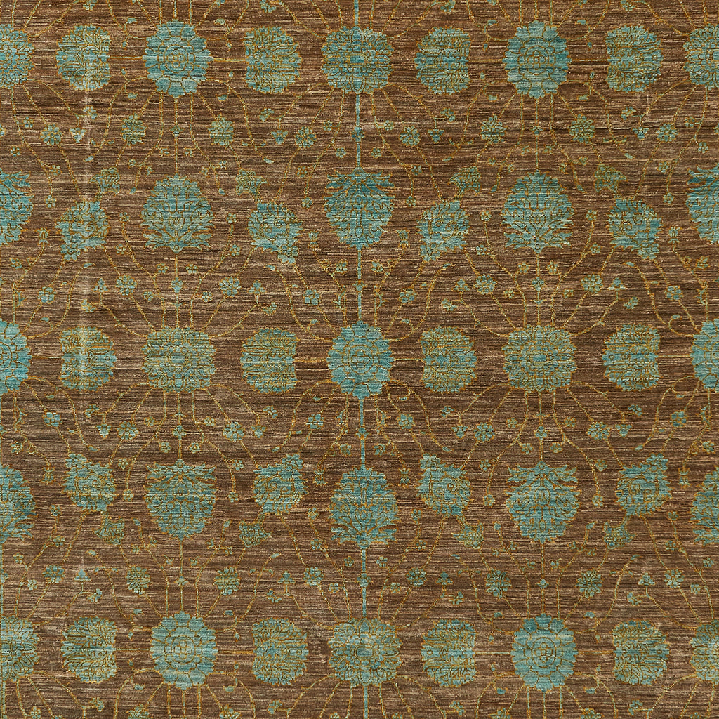 Repetitive teal and bronze floral pattern for sophisticated interior decor.