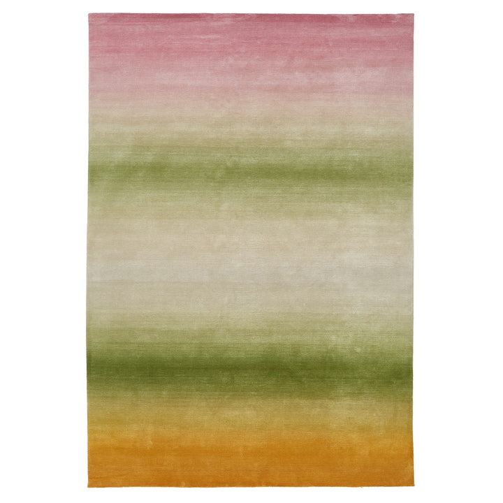 Abstract gradient rug with rosy pink, greens, neutrals, and orange