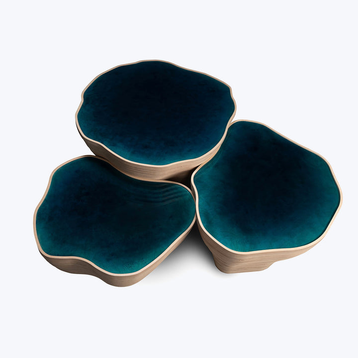 Set of three organic-shaped decorative bowls with wood and teal