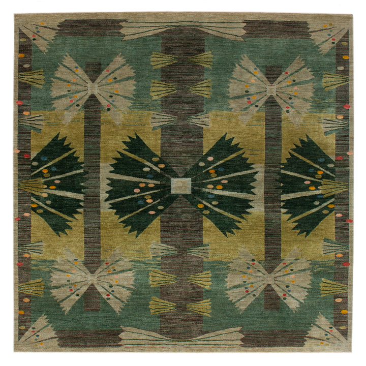 Folk-inspired rectangular rug with intricate botanical designs in vibrant colors.